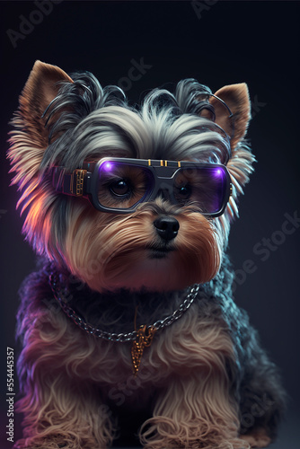 Cute Yorkshire Terrier in futuristic 3d glasses.Steampunk dog with glasses.Drawing cyberpunk painting.Digital designer art.Abstract surreal illustration.3D render