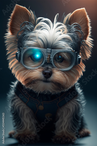 Cute Yorkshire Terrier in futuristic 3d glasses.Steampunk dog with glasses.Drawing cyberpunk painting.Digital designer art.Abstract surreal illustration.3D render © liza