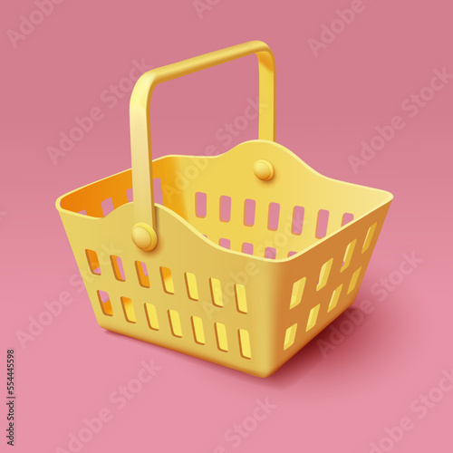 Vector realistic yellow shopping basket on pink background. 3d matte render of supermarket basket for retail design. e-commerce, e-grocery, shopping and customers 3d icon.