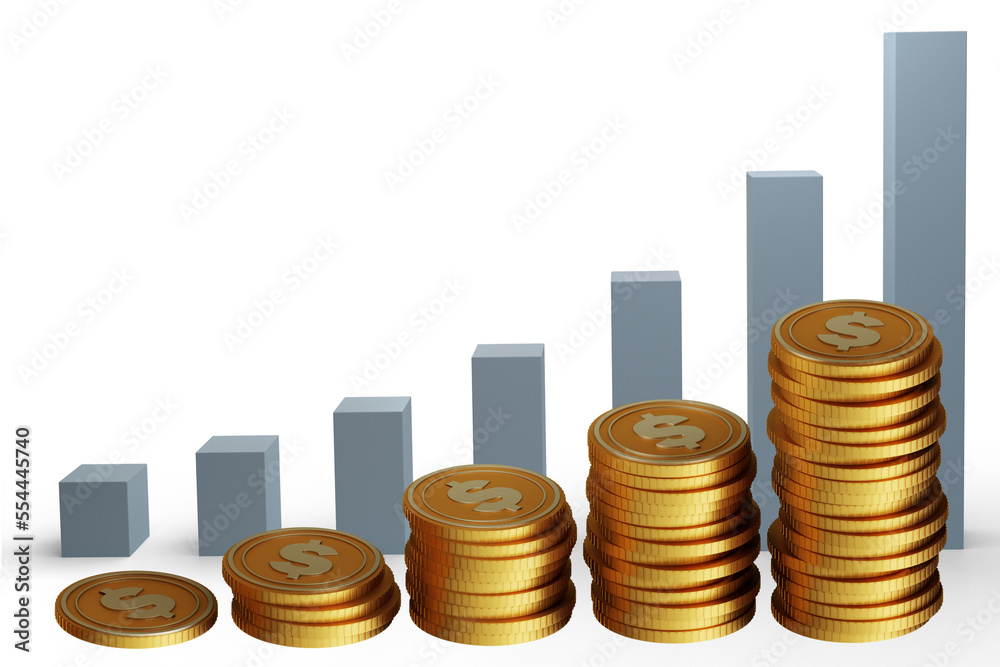 Illustration with coins showing growth - 3d rendering Illustration with coins showing growth - 3d rendering