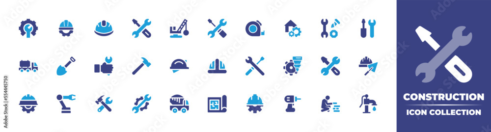 Construction icon collection. Duotone color. Vector illustration. Containing configuration, engineer, helmet, repair, demolition crane, tools, measuring tape, construction, equipment, tool, and more.
