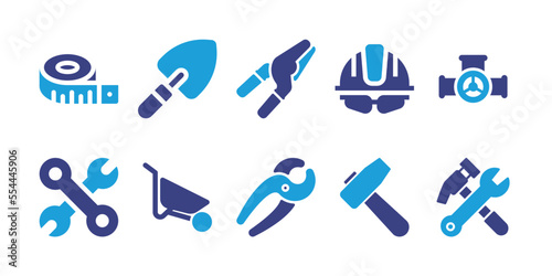 Construction icon set. Duotone color. Vector illustration. Containing measuring tape, trowel, pliers, hard hat, valve, wrench, wheelbarrow, hammer, construction tools.