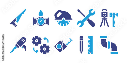 Fototapeta Naklejka Na Ścianę i Meble -  Construction icon set. Duotone color. Vector illustration. Containing handsaw, water meter, circular saw, wrench tool, tripod, drill, automation, measuring tape, drawing, pipe.