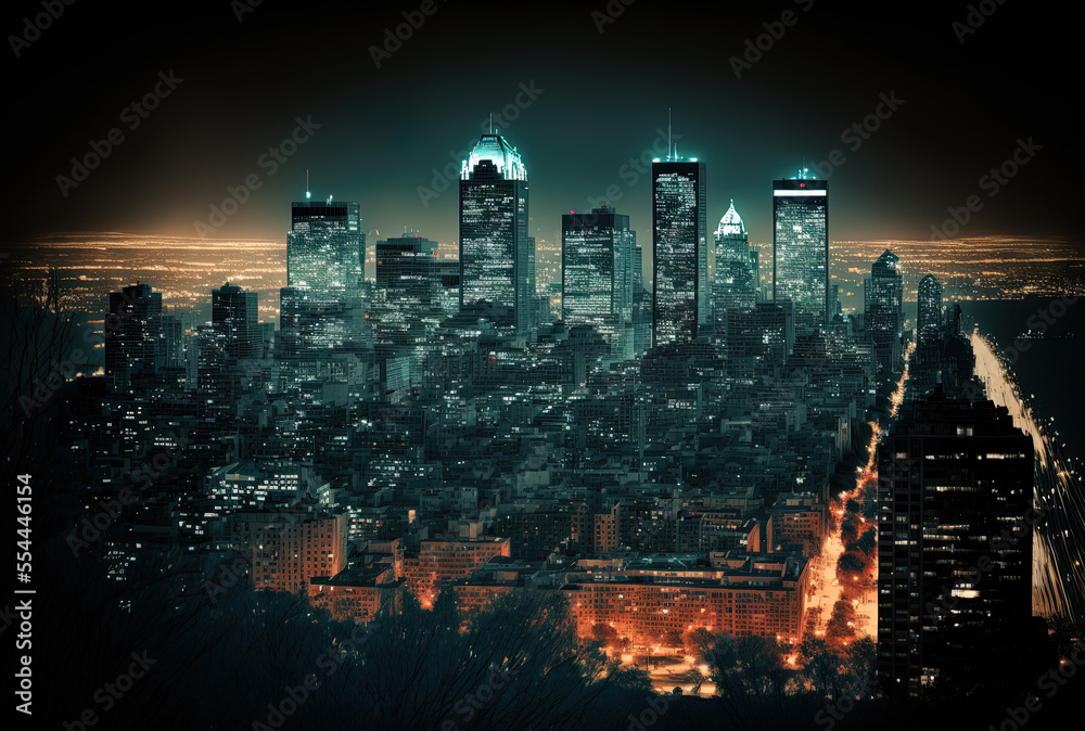 Fototapeta premium View of Montreal's metropolitan towers at night from Mount Royal. Generative AI