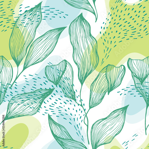 Sketch style doodle line texture leaves over stains and dots seamless vector ...