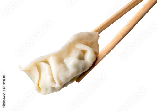 chopsticks holding a piece of gyoza