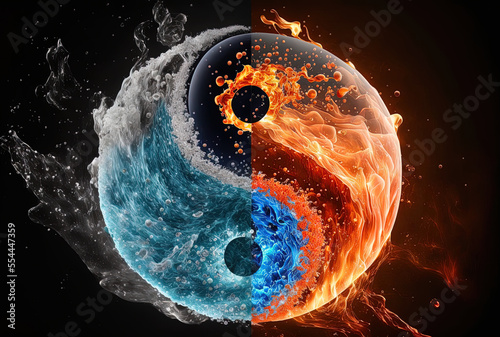 Water and fire, the two opposing elements, represent the Ying Yang symbol. Generative AI