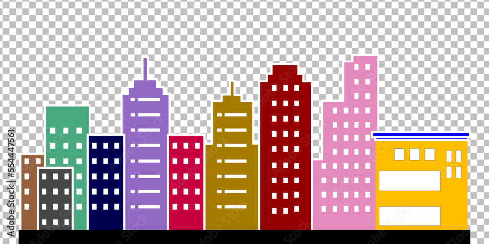 city with flat style vector buildings. Town buildings, A multi-coloured buildings structure on transparent background