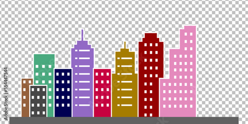 city with flat style vector buildings. Town buildings, A multi-coloured buildings structure on transparent background