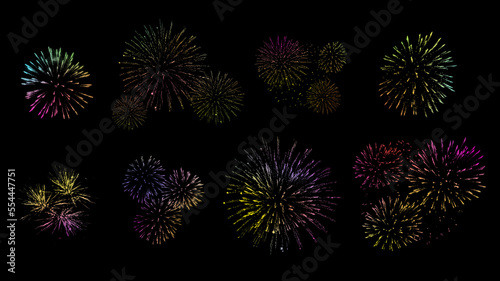 Set of fireworks isolated on black background. High resolution image.