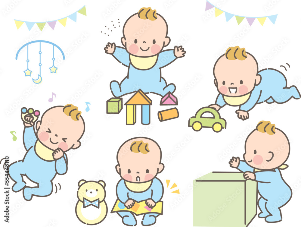 元気に遊ぶ赤ちゃんの表情イラストセット素材