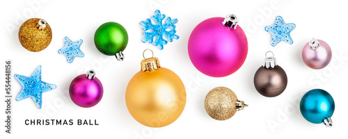 Colorful christmas balls and snowflakes isolated on white background.