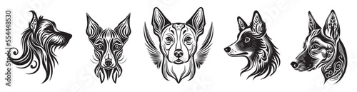 Set of dog tattoos. Isolated vector illustrations on white background. Collection of different pets. Species design.  Set #3