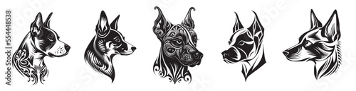 Set of dog tattoos. Isolated vector illustrations on white background. Collection of different pets. Species design.  Set #2