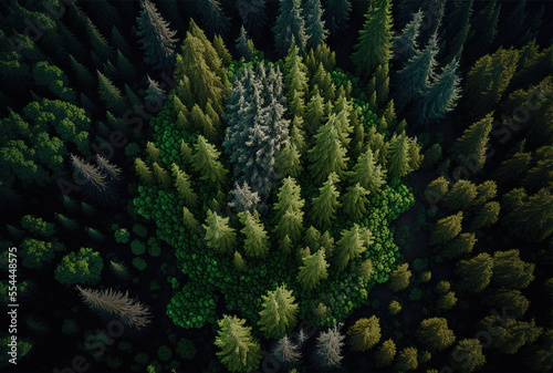 a vertical aerial image of a forest's trees. Generative AI