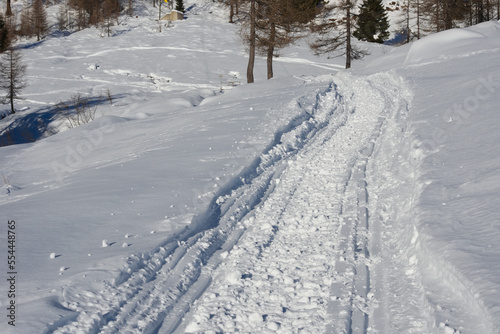 Snowy road and traces of snowmobiles