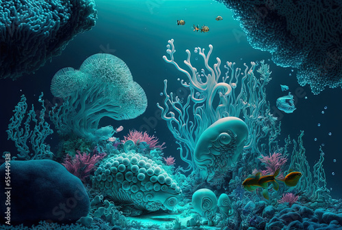 The aquamarine sea reveals a coral reef with live creatures. Generative AI