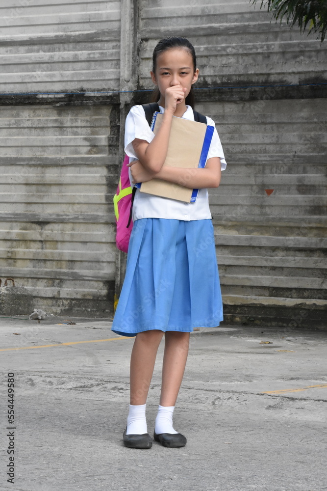 Youthful Diverse Student Teenager School Girl Coughing Wearing Skirt With Books Standing Youthful Diverse Student Teenager School Girl Coughing Wearing Skirt With Books Standing