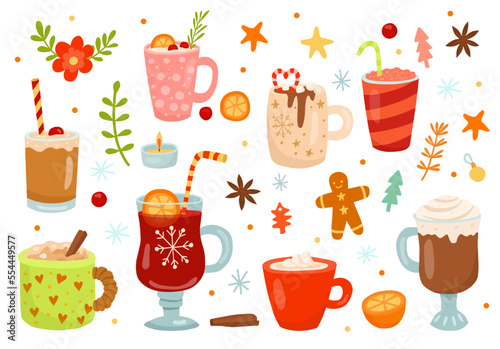 Winter christmas drinks, cocoa and coffee, milk and mulled wine. Mug of hot chocolate, warm cozy autumn cup, gingerbread cookie, warm holidays. Vector illustration nowaday cartoon elements