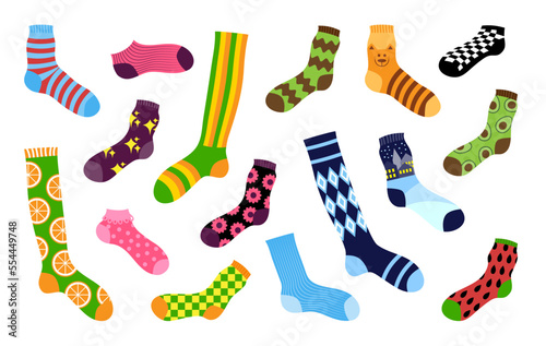 Long foot socks, heart sox. Fashion winter pattern in cute colors, colorful ornament, different funny prints. Trendy textile clothes. Vector illustration current cartoon flat design set