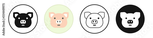 Piglet icon set. Pig snout, silhouette and outline piggy head