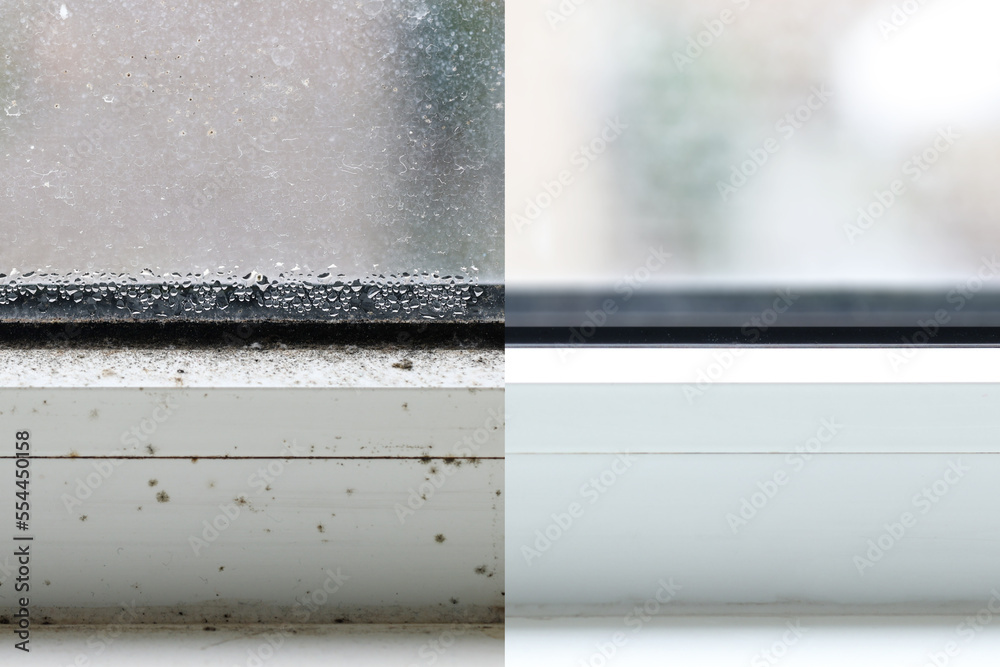 Comparative Before and after clean window  condensation with black mold dirty window frame in winter from inside the house.  - obrazy, fototapety, plakaty 