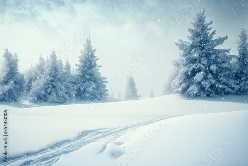 Snowy winter landscape with trees. Generative AI. © eyetronic