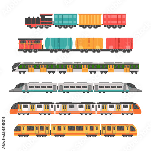 Subway trains. Speed cargo transport. Rail locomotives and wagons in railroad. Europe commuter vans. Railroad or metro transportation. Railway vehicles set. Vector garish illustration