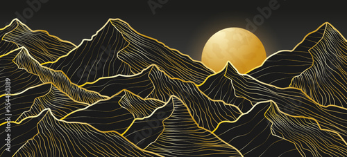 Gold mountains. Line art luxury background. Abstract hill relief, black and golden, nature, sun on map, foil texture. Rock peaks and moon, midnight landscape. Vector design garish illustration