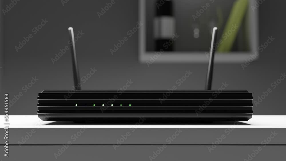 Black Wifi network router in interior. Camera moves. High quality 3d rendered 4k footage