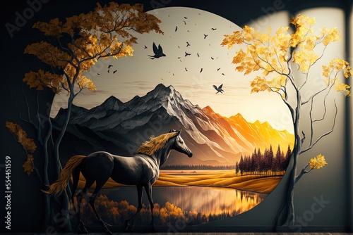 Wall mural that could be hung like a painting. A horse between golden trees and multicolored mountains. backdrop of golden sun and birds, contemporary Generative AI