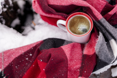A mug of hot coffee wrapped in a warm checkered scarf on snow-covered bars.