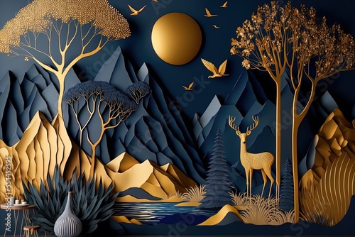Wallpaper Mural Dark blue mural wallpaper from the contemporary era Christmas tree, mountain, deer, birds, and waves of gold on a dark blue backdrop depicting a jungle or forest. Generative AI Torontodigital.ca