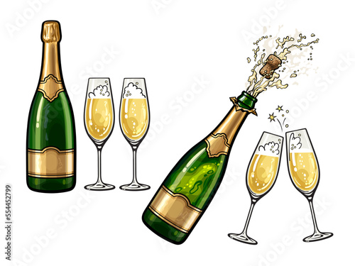 Bottle of champagne and pair of glasses in cartoon style. Hand drawn vector illustration