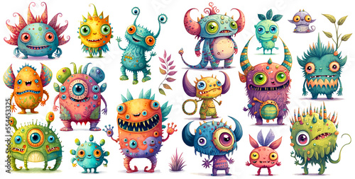 Set of cute cartoon happy monsters, colorful watercolor isolated on white