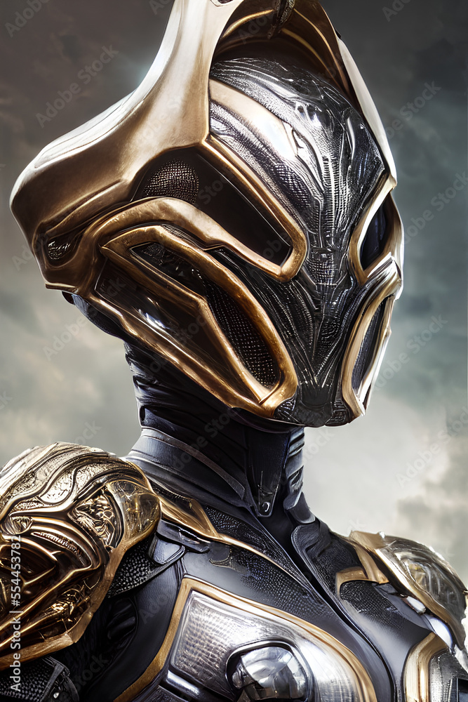 Portrait of a beautiful female alien with amor and helmet from an other planet. Extraterrestrial visitor, alien Invasion, space species. Digital illustration created with Generative AI