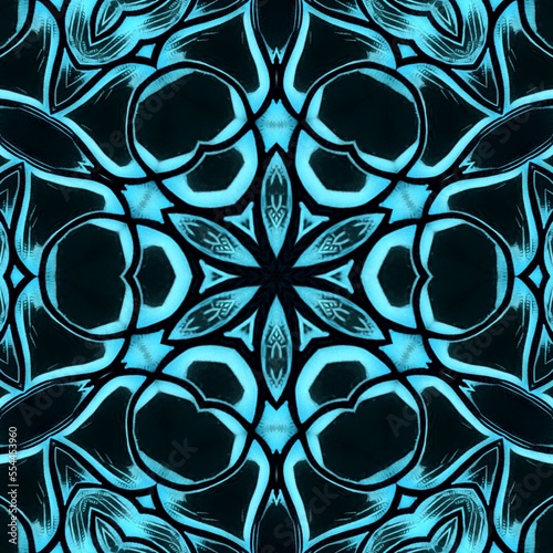 lino-cut floral fantasy in shades of blue and glowing turquoise