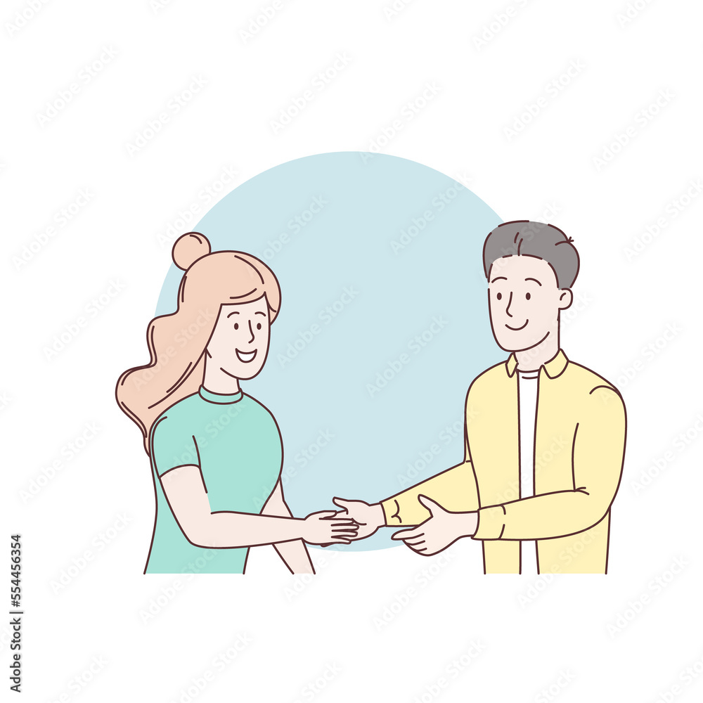 Shaking man and woman hands. Handshake of business people partners businessmen and businesswomen. Success deal, partnership, greeting shake, casual handshaking agreement concept. Illustration