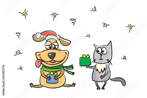 Happy animals celebrate new year or christmas. Adorable dog and cat gives gift to friend. Funny pets at holiday party. Boxing day, xmas celebration. Hand drawn design.