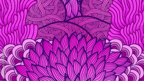 Vector geometric purple gradient seamless pattern with intersecting stripes floral background. Vector Lunar violet and pink seamless texture with abstract flowers background with hand drawn graphic