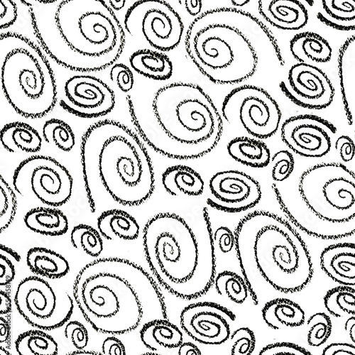 Seamless black and white pattern. Curls of various shapes on a light background.