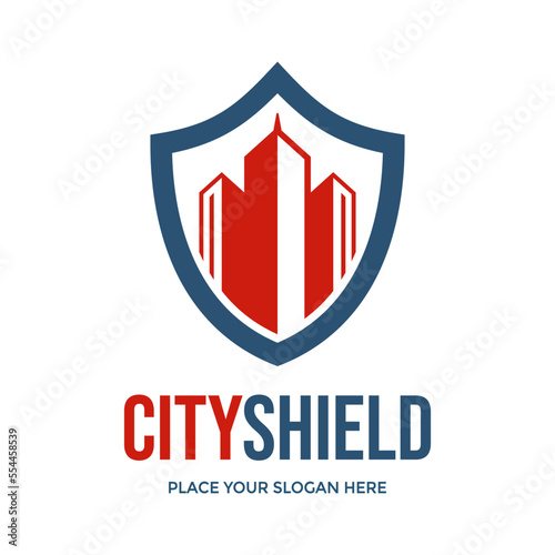 City shield vector logo template. This design use building symbol. Suitable for security.