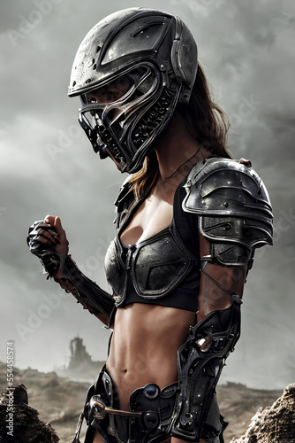 female fantasy warrior soldier in armor and helmet