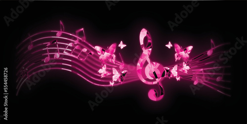 Luminous musical background with neon glow musical notes, G-clef and butterflies. Fluorescent and mystical music festival poster. Live concert events invitation. Party flyer with musical notes symbols