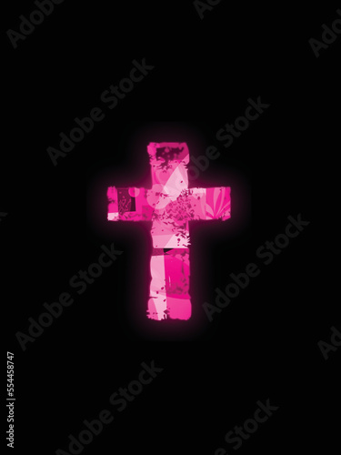Luminous and vibrant Christian cross on black background. Neon glow religion themed design for Christianity and church service. Fluorescent and mystical symbol
