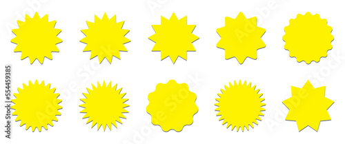 Starburst yellow sticker set - collection of special offer sale round shaped sunburst labels and badges isolated on white background. Circle stickers or buttons in form of star for promo advertising.