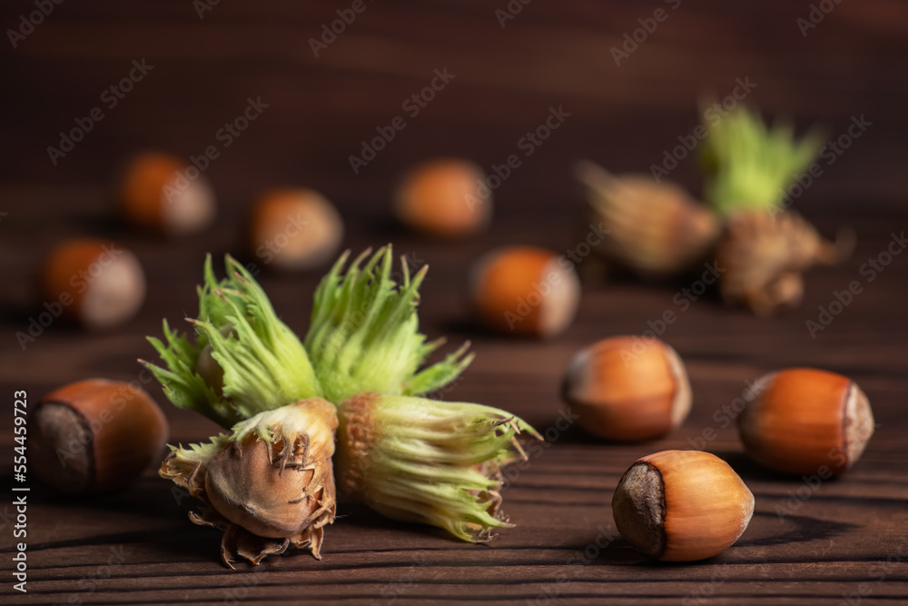 Organic fresh hazelnut on wooden background close up