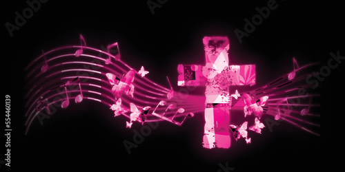 Luminous and vibrant Christian cross with musical notes stave. Neon glow religion themed design for Christianity, church service and  communion. Fluorescent and mystical church choir background