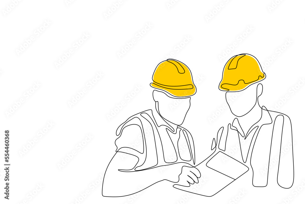 Single continuous line drawing of young construction manager giving instruction to builder coordinator at site meeting. Building architecture business concept. One line draw design vector Single continuous line drawing of young construction manager giving instruction to builder coordinator at site meeting. Building architecture business concept. One line draw design vector