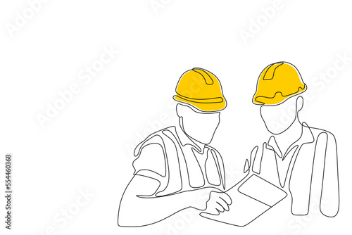 Single continuous line drawing of young construction manager giving instruction to builder coordinator at site meeting. Building architecture business concept. One line draw design vector